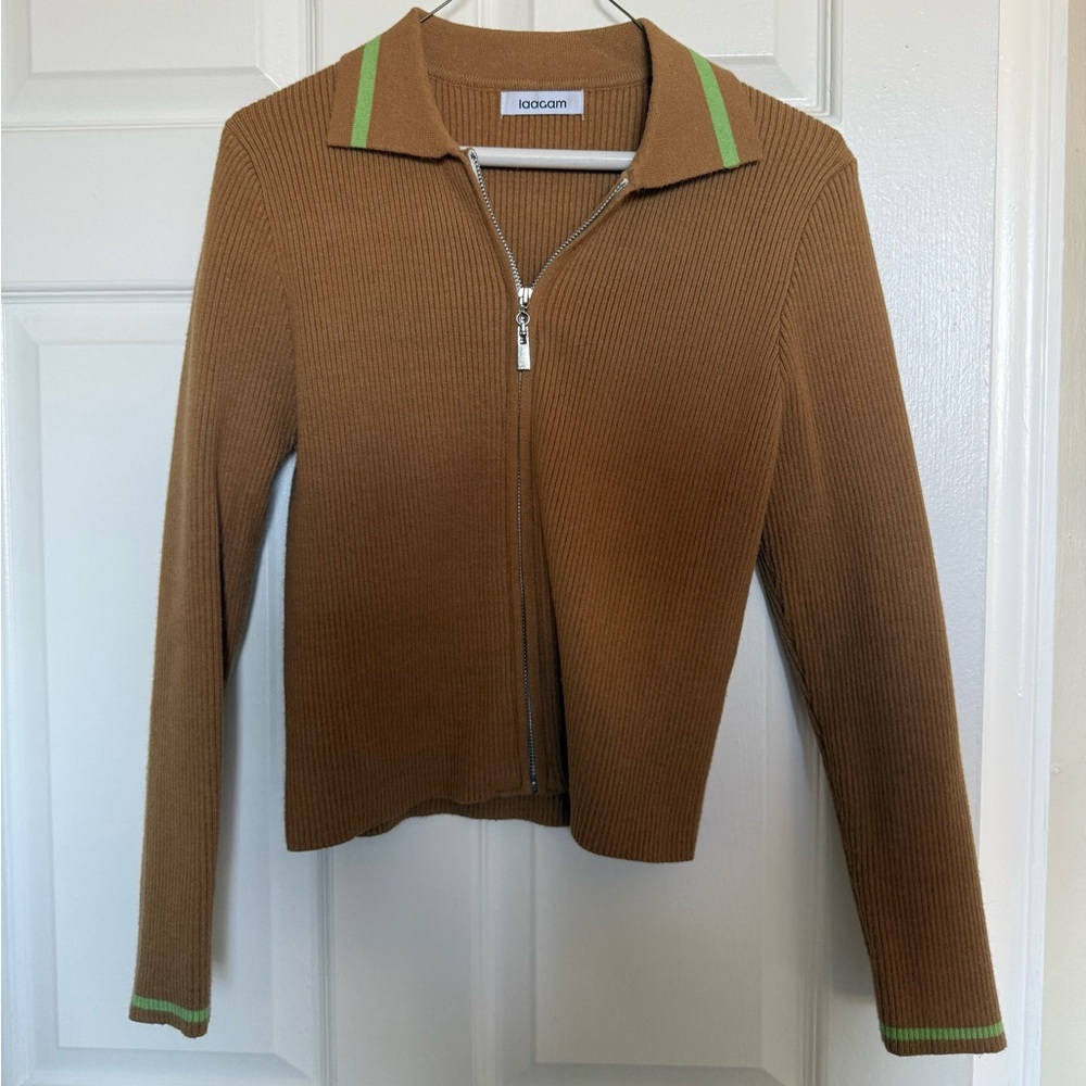 Iaagam Brown Zip-Up Ribbed Knit Top with Green Trim